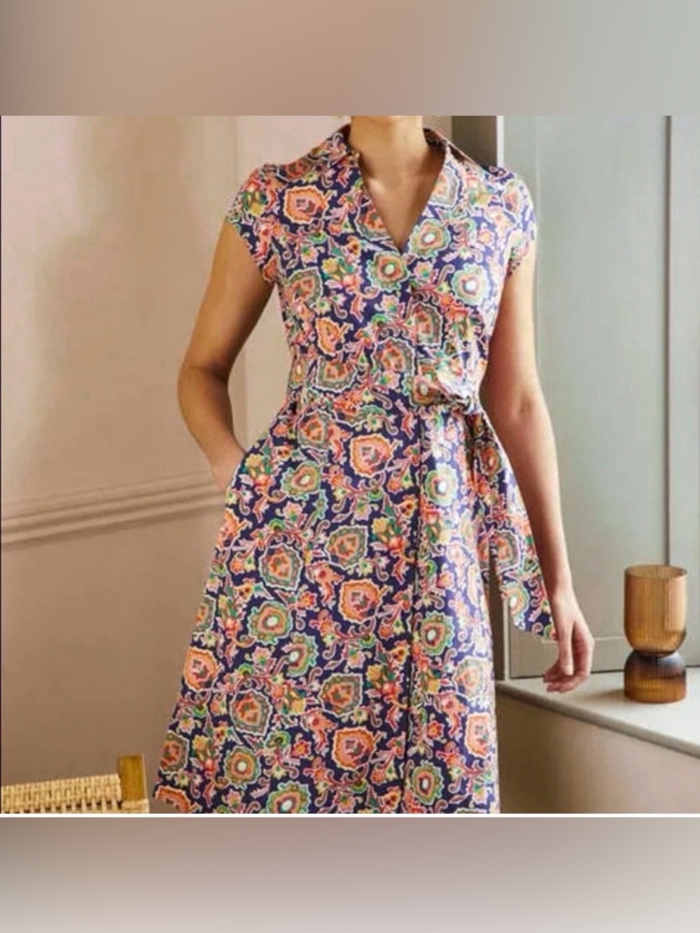 Boden Floral Paisley Cotton Shirt Dress Sz 4 Blue Pink Cap Sleeve Pockets W0692